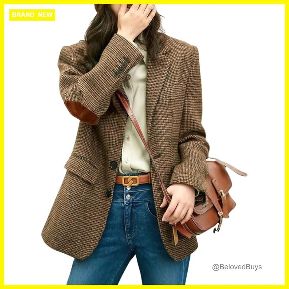 Wool Blend Blazer Women's Business Casual Plaid Work Coat Mid Thigh Length